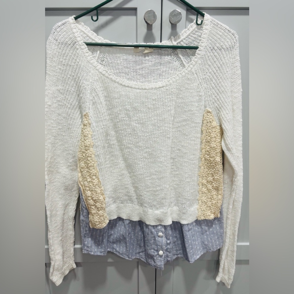 Moth Anthropoligie Women's White Long Sleeve Sweater Size L Lace Panels